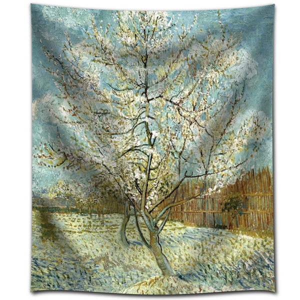 Tapestry featuring Van Gogh's 'The Plum Orchard' painting with a blossoming tree, field, and wooden fence.