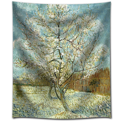 Tapestry featuring Van Gogh's 'The Plum Orchard' painting with a blossoming tree, field, and wooden fence.