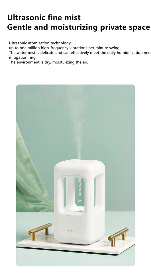 White anti-gravity water drop humidifier with visible mist output and 'Winben' brand name, on a white stand. - Image 13