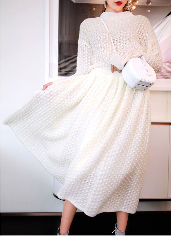 Vestido Largo Calado de Mohair con Manga Larga - Conjunto de Dos Piezas