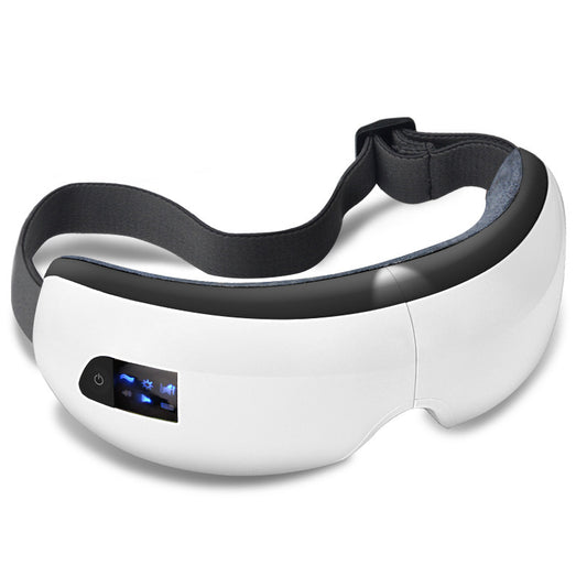 White Bluetooth music eye massager with control panel, air pressure, and hot compress functions in a gift box.