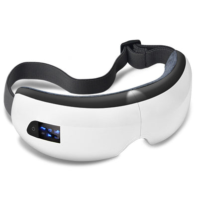 White Bluetooth music eye massager with control panel, air pressure, and hot compress functions in a gift box.