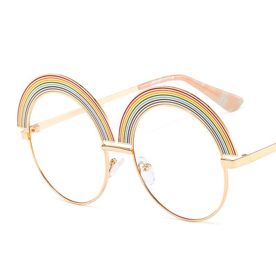 Metal rainbow large round frame sunglasses with pink gradient lenses and a gold-tone frame. - Image 6