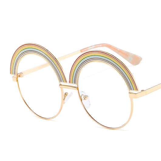 Metal rainbow large round frame sunglasses with pink gradient lenses and a gold-tone frame. - Image 6