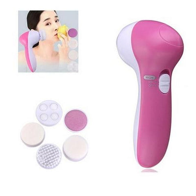 White electric facial cleanser with multiple brush and sponge attachments in an open translucent teal carrying case. - Image 2