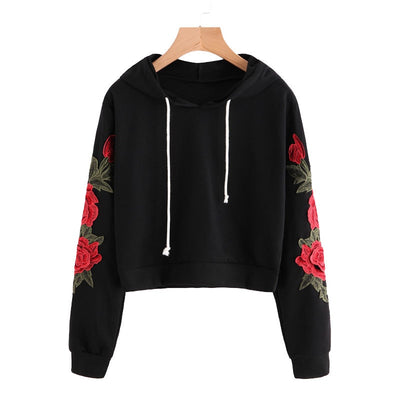Sudadera Negra con Aplique de Rosa Bordada - Hoodie Casual Otoño para Mujer - Image 6