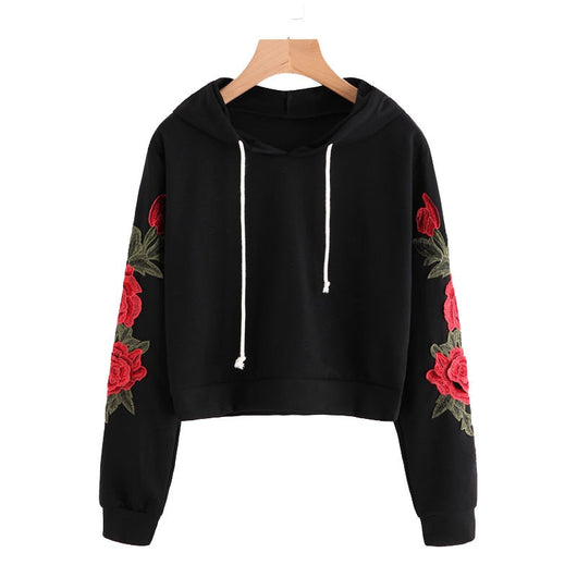 Sudadera Negra con Aplique de Rosa Bordada - Hoodie Casual Otoño para Mujer - Image 6