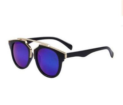 Black cat-eye sunglasses with gold accents and orange-yellow mirrored lenses on a white background. - Image 5