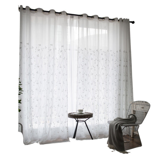 Sheer white curtains with a delicate brown leafy vine pattern, offering light transmission for a pastoral style room. - Image 5