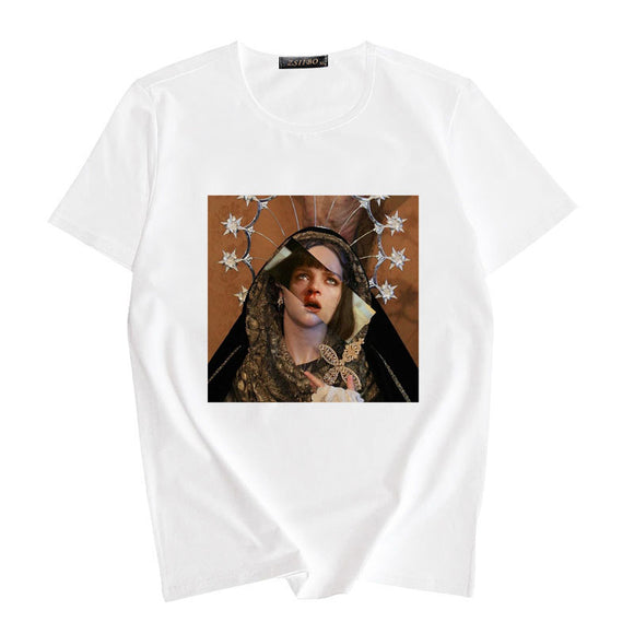 Camiseta Estampado Artístico Óleo Cuello Redondo para Mujer