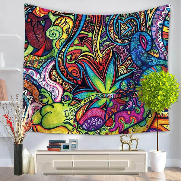 Vibrant psychedelic doodle tapestry with swirling lines, abstract shapes, and a prominent cannabis leaf design.