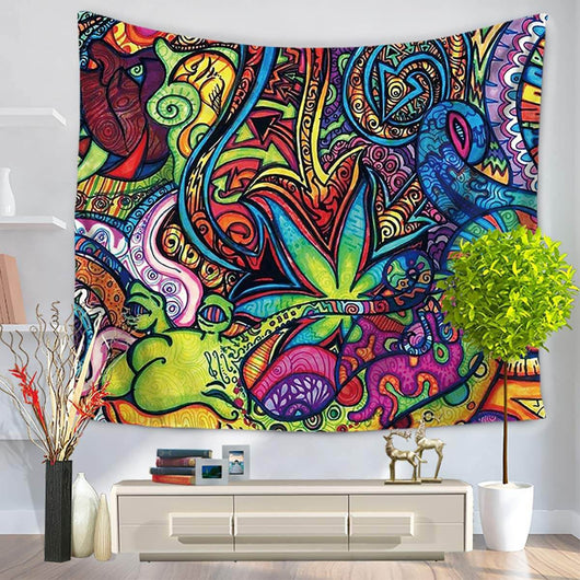 Vibrant psychedelic doodle tapestry with swirling lines, abstract shapes, and a prominent cannabis leaf design.