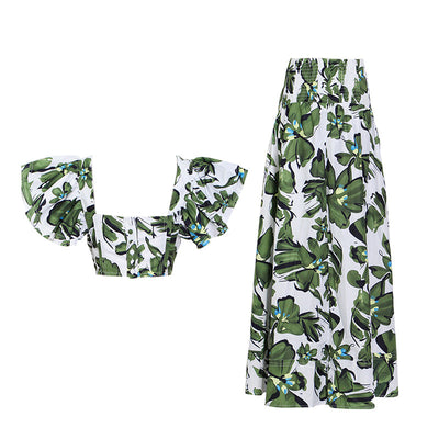 Conjunto Estampado: Blusa Corta Cuello Cuadrado con Volantes y Falda Larga Drapeada - Image 10