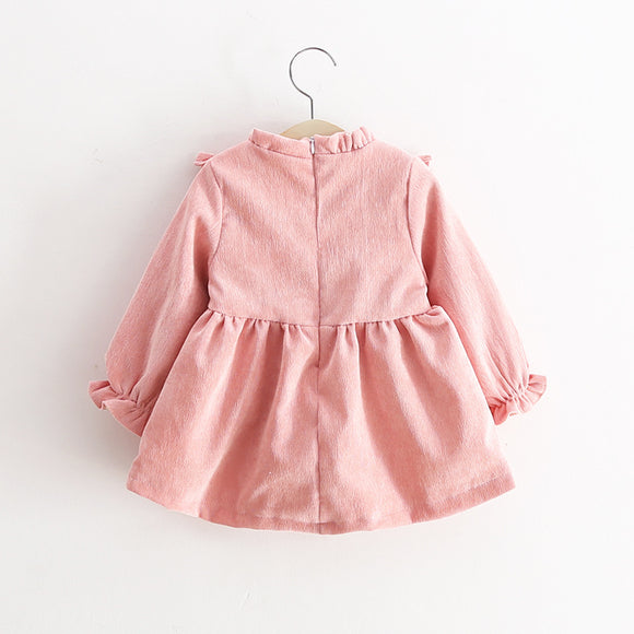 Vestidos infantis de veludo cotelê com gola V para a primavera