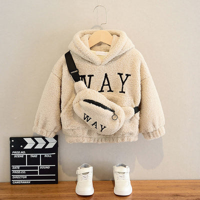 Beige fleece hoodie with 'WAY' text on front, paired with a matching fanny pack, for kids. - Image 9