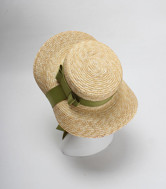 Sombrero de Paja para Mujer con Lazo Verde - Diseño Plano Elegante - Image 8