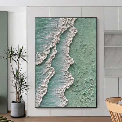 Cuadro Abstracto Olas del Océano - Pintura al Óleo Texturizada Wabi Sabi Verde y Crema - Image 2