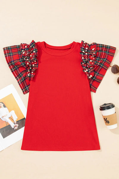 Camiseta Suelta Roja de Cuadros con Volantes en Mangas Cortas - Image 10