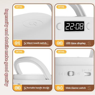 White rechargeable LED table lamp with a digital clock display and a light gray carrying handle. - Image 4