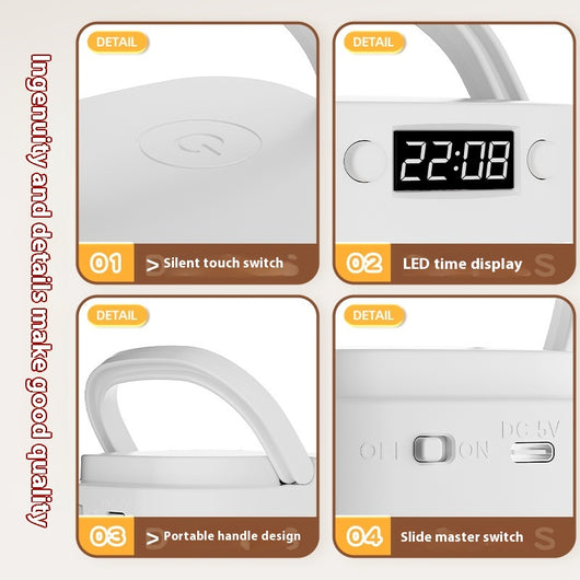 White rechargeable LED table lamp with a digital clock display and a light gray carrying handle. - Image 4