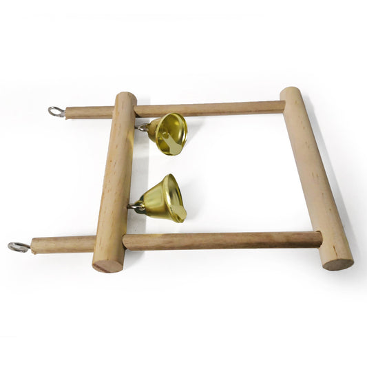 Natural solid wood bird stand with two golden bells, featuring a horizontal perch and two vertical supports. - Image 2