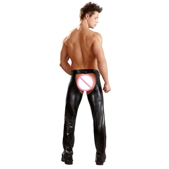 Pantalones Pole Dance de Cuero Sintético Negro - Leggings Eróticos Brillantes para Hombre
