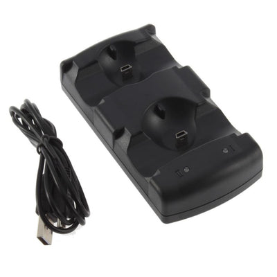 Black dual charging dock for PlayStation 3 controllers and Move navigation controllers, shown with a coiled USB cable.