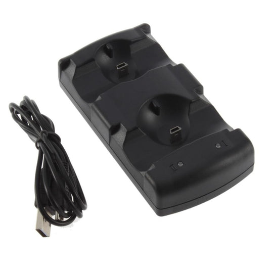 Black dual charging dock for PlayStation 3 controllers and Move navigation controllers, shown with a coiled USB cable.