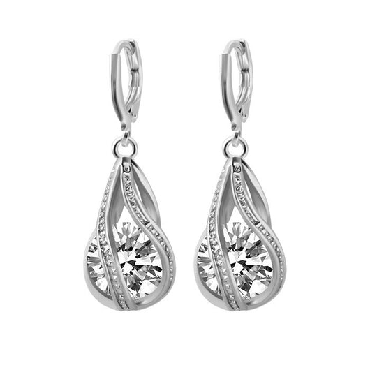 Silver teardrop necklace and matching drop earrings set with clear zircon gemstones, ideal for a bride or wedding. - Image 2