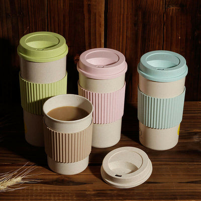 Taza Térmica Reutilizable de Fibra de Trigo con Tapa - Vaso Aislante para Café y Viajes