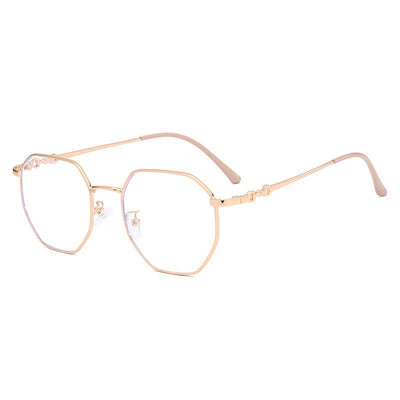Rose gold frameless polygon anti-blue light glasses with clear lenses, held by a hand with pink nails. - Image 5