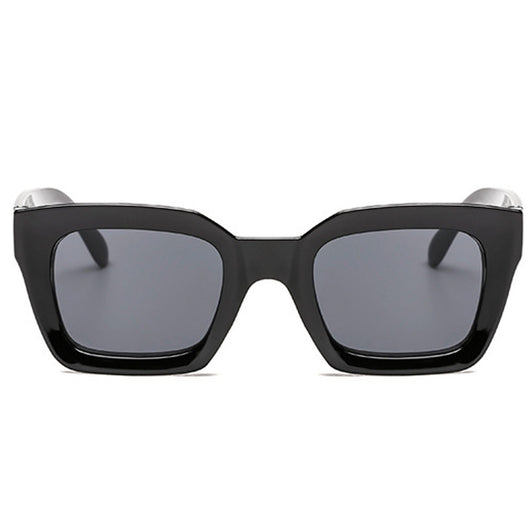 Black vintage-style sunglasses with thick plastic frames and dark rectangular lenses, featuring a subtle cat-eye shape. - Image 2
