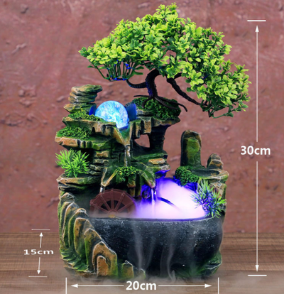 Resin desktop fountain with simulation rockery, a green bonsai tree, glowing orb, and water wheel. Measures 30cm tall. - Image 13