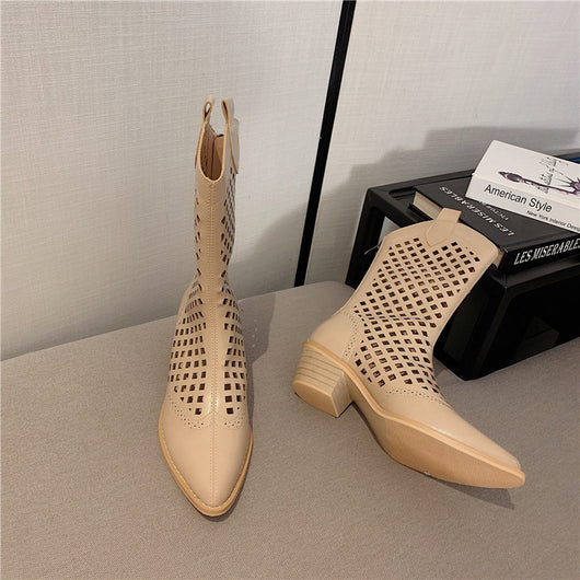Botas Vaqueras Puntiadas para Mujer con Tacón Grueso y Red Calada