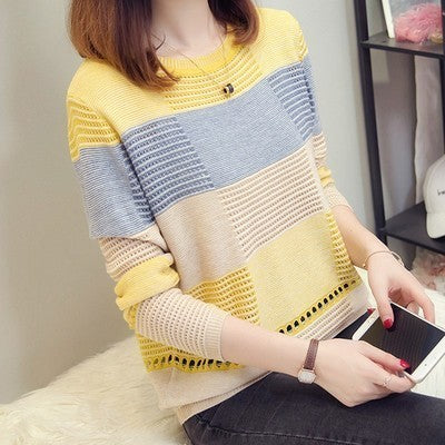 Blusa Suelta de Rayas Coreana con Combinación de Colores y Mangas Largas