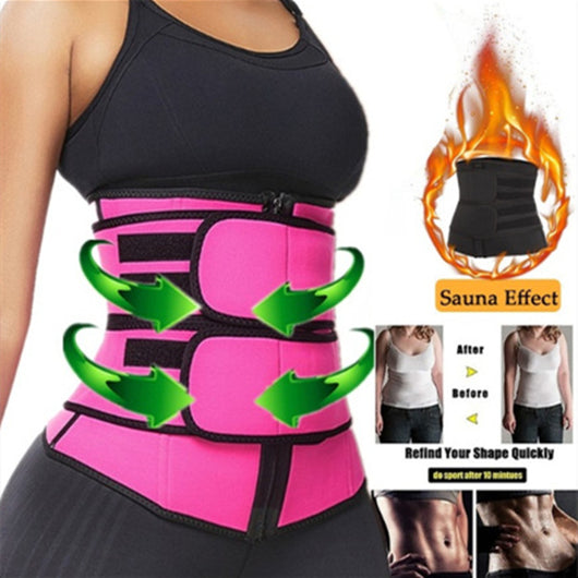 Bright blue neoprene sports slimming waist belt with black trim, a zipper, and two adjustable hook-and-loop straps.