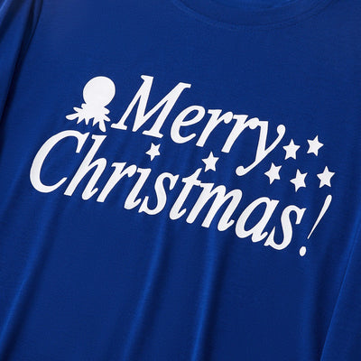 Blue long-sleeve pajama top with "Merry Christmas!" text and white bottoms with colorful Christmas lights pattern. - Image 3