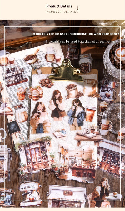 Sheet of 15 watercolor coffee shop stickers, featuring various cafe exteriors and interiors in a Nordic style. - Image 15