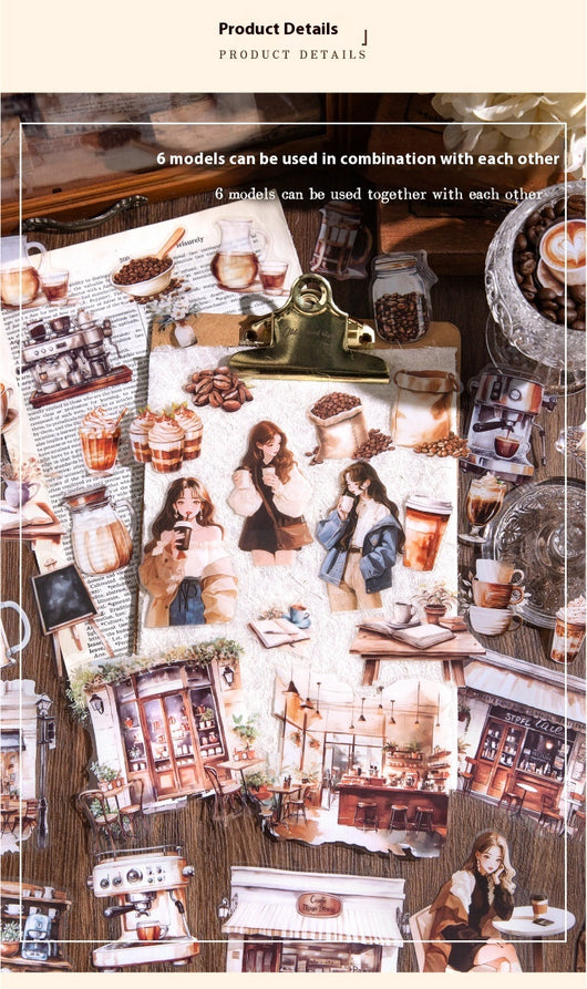 Sheet of 15 watercolor coffee shop stickers, featuring various cafe exteriors and interiors in a Nordic style. - Image 15