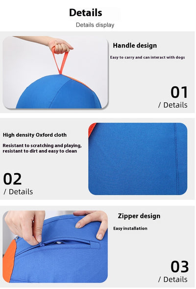 Blue and orange pet training ball with a fabric handle, designed for dogs like Shiba Inu and Corgi. - Image 7
