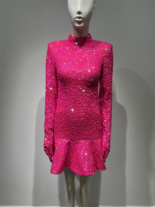 Vestido de Fiesta Rojo Rosado con Espalda Descubierta y Lentejuelas - Image 13