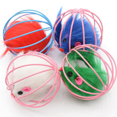 Four colorful wire cage mouse cat toys in green, white, blue, and red, designed for interactive pet play. - Image 4