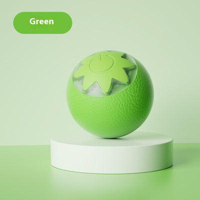 Green electric pet toy ball with a textured surface and a white strawberry-like design featuring a power button. - Image 8