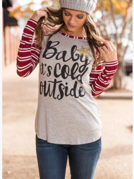 Camiseta Niña Manga Larga Estampado Copo de Nieve y Rayas - Moda Europea