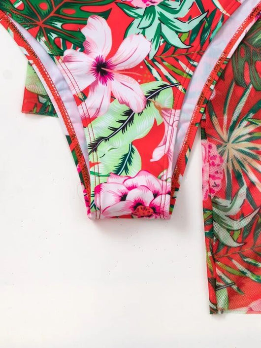 Women's red bikini with a tropical floral and pineapple print cover-up shawl, featuring a twisted front top. - Image 18