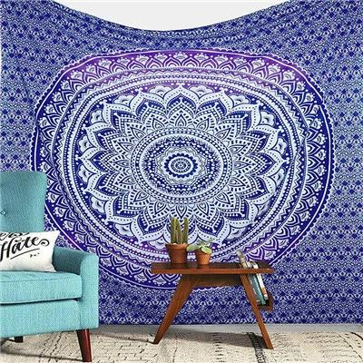 Black and white Indian Mandala tapestry wall hanging with intricate bohemian patterns, displayed in a bedroom. - Image 7