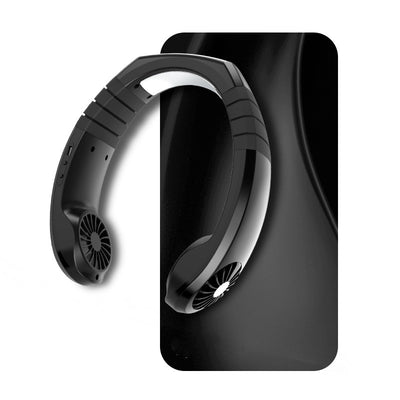 Black NEXFAN hanging neck fan with visible fan grilles and control buttons, designed for hands-free personal cooling. - Image 7