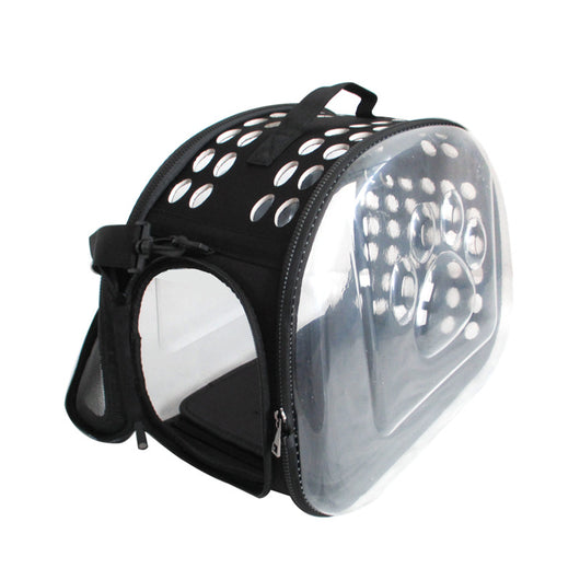 Gray and black pet carrier with a clear bubble window featuring paw prints and a mesh side for ventilation. - Image 10