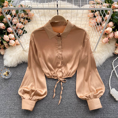 Top Crop Satinado Ajustado Estilo Cocción Ligera para Mujer