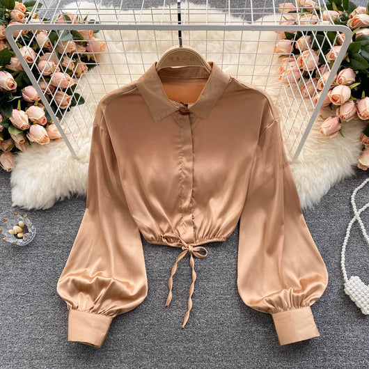 Top Crop Satinado Ajustado Estilo Cocción Ligera para Mujer
